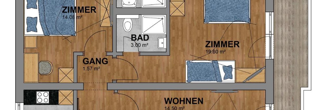 An apartment floor plan with four rooms, two bathrooms, and a kitchen. The balcony is also outlined and offers space for relaxed moments. - Gästehaus Fernblick - Sautens