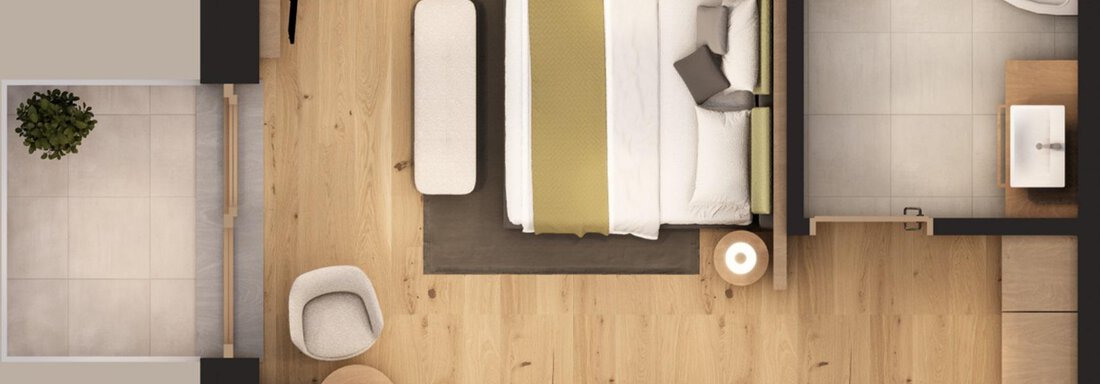 A modern room with a bed, a small table, and a comfortable armchair. In the adjoining area, a bathroom and a terrace can be seen. - A CASA "Aventurin" - Sölden