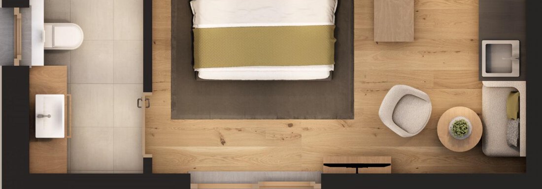A modern room layout with a double bed, a table, and two chairs. The floor is made of light wood and the room is stylishly furnished. - A CASA "Aventurin" - Sölden
