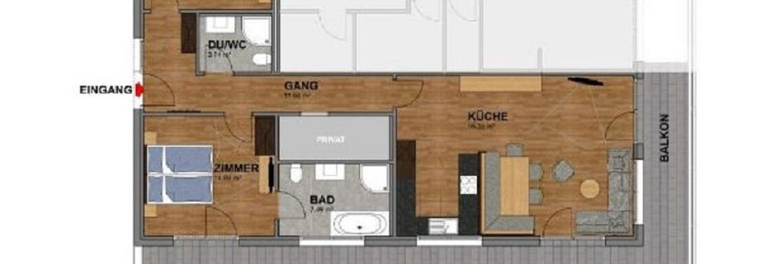 An apartment floor plan with two bedrooms, a bathroom, and a kitchen. The terrace is also indicated, along with the entrance. - A CASA "Rubin Chalet & Studio Resort" - Sölden