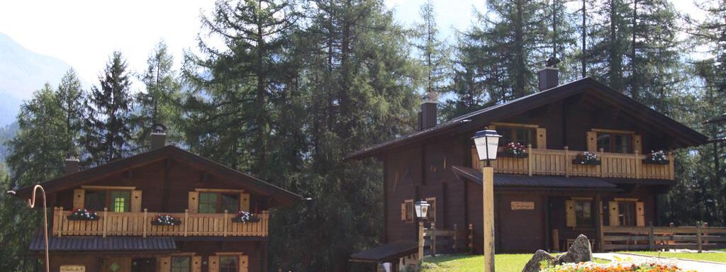 Two charming wooden houses surrounded by tall, green trees. The well-maintained garden and the balconies give the scene a cozy atmosphere. - Almdorf Waldesruh - Sölden