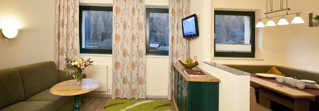 A cozy living room with a green couch and a small table. The room has large windows and a modern dining set. - Alp Resort Tiroler Adler - Sölden