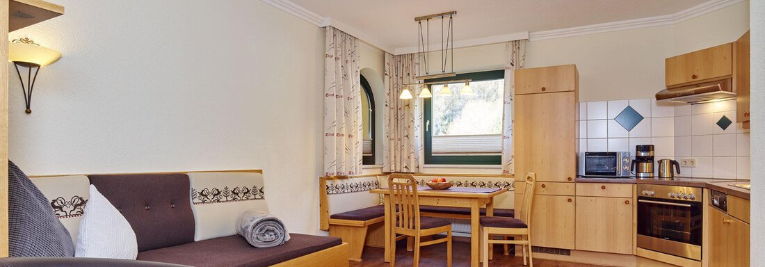 A cozy living room with a seating area and a modern kitchen unit. Large windows provide plenty of daylight in the room. - Alp Resort Tiroler Adler - Sölden