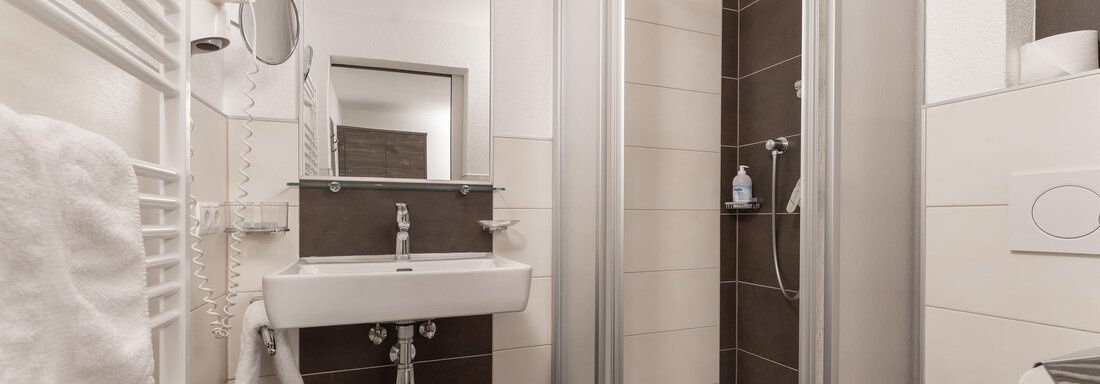 A modern bathroom with a shower and a sink. The walls are painted in neutral colors and there is a towel warmer. - Alpenliebe - Sölden