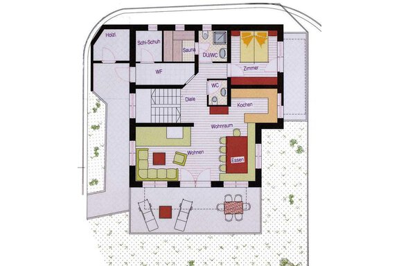 Floor plan of a house with various rooms, including living room, kitchen, and sauna. The layout is clear and includes areas like dining room and bedroom. - Andis Almdorf - Sölden