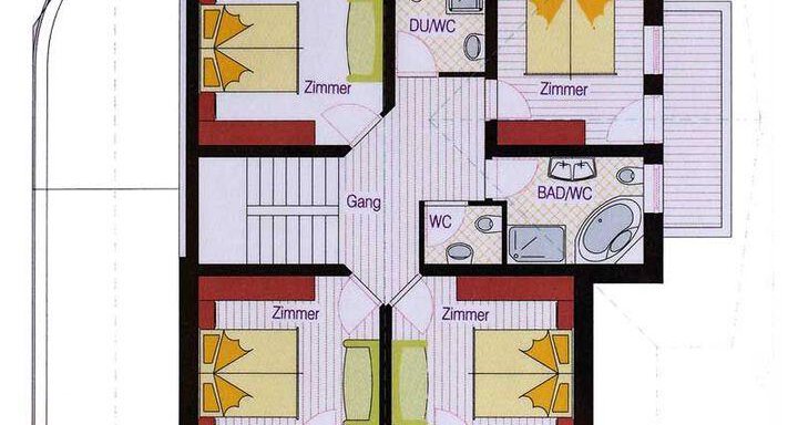 A floor plan of a house with several rooms. It features a central hallway as well as bathrooms and toilets. - Andis Almdorf - Sölden