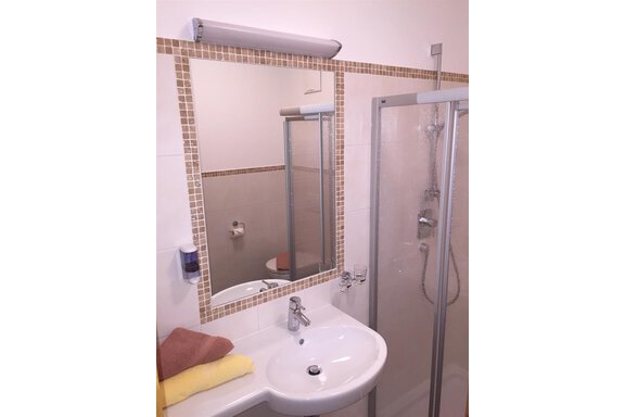 A modern bathroom with a sink and a mirror. To the left is a shower with a glass door. - Andis Almdorf - Sölden