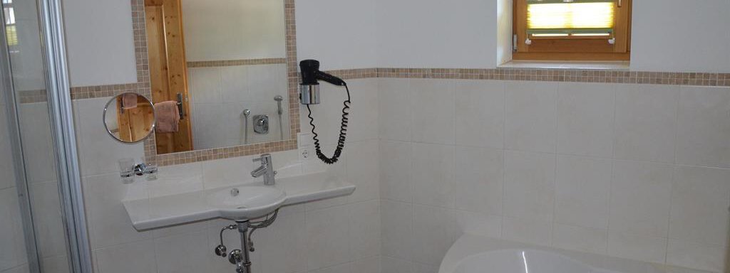 A modern bathroom with shower, sink, and bathtub. The window lets in plenty of daylight and reflects a bright, clean atmosphere. - Andis Almdorf - Sölden