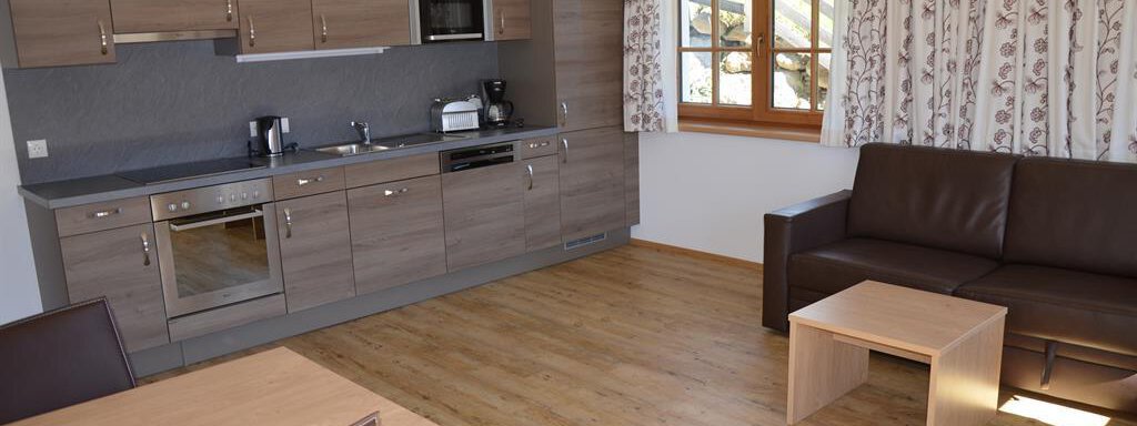 A modern kitchen with wooden cabinets and appliances. The living area is simply furnished with a sofa and a table. - Andis Almdorf - Sölden