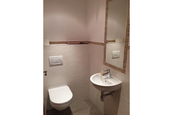 A modern bathroom with a white toilet and a small sink. The space is bright and simply designed, featuring a mirror wall. - Andis Almdorf - Sölden