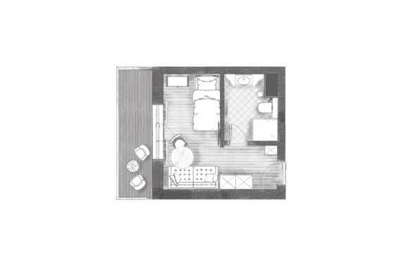 A sketched floor plan view of a small apartment. It shows a bedroom, a bathroom, and a living area with furniture. - Andre Arnold - Boutique Hotel - Sölden