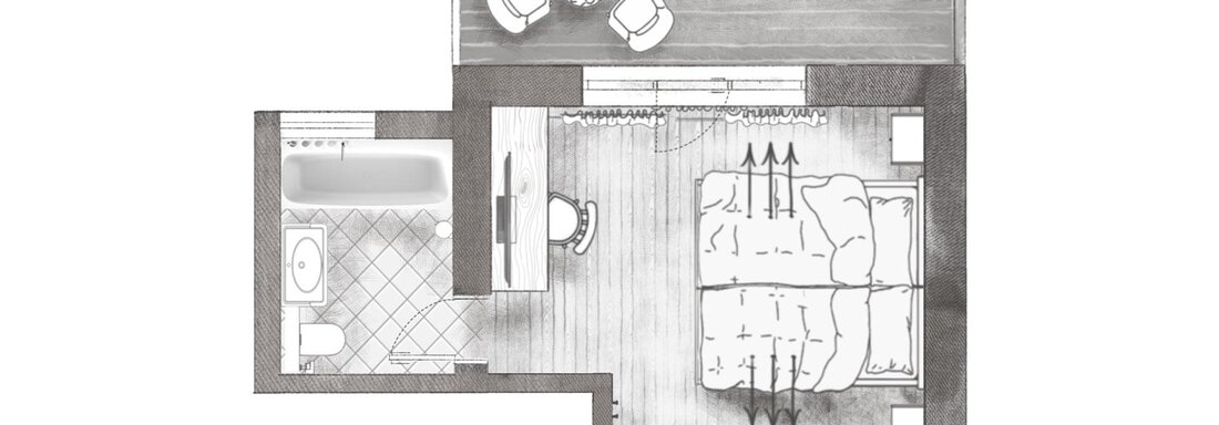 A floor plan drawing of a room with a bed, a desk, and a bathtub. Additionally, a terrace with two chairs and a table is drawn in. - Andre Arnold - Boutique Hotel - Sölden