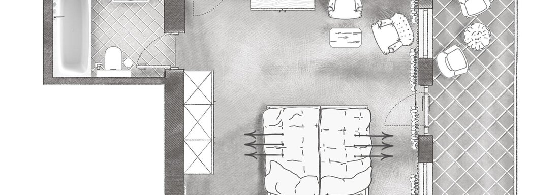 A schematic representation of an apartment featuring a sleeping area, a living room, and a balcony. The rooms are simply arranged, depicted with basic furniture. - Andre Arnold - Boutique Hotel - Sölden