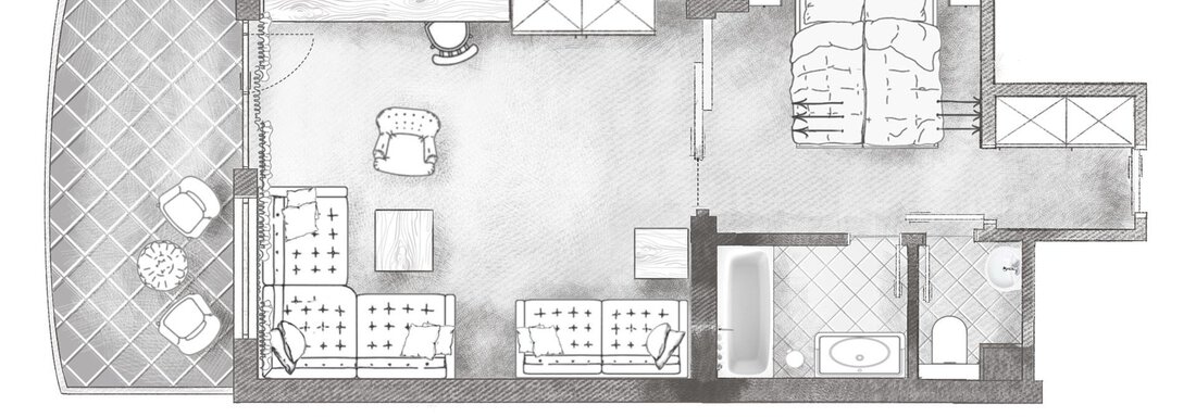 A sketch of a living space with a bedroom, a bathroom, and a living room. The furniture is simply arranged, with a balcony on the left. - Andre Arnold - Boutique Hotel - Sölden