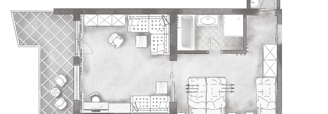 A floor plan sketch of an apartment with two bedrooms, a bathroom, and an open living area. The plan shows the arrangement of furniture and rooms. - Andre Arnold - Boutique Hotel - Sölden