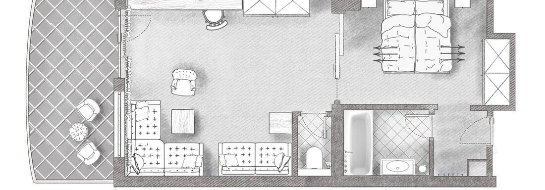 A floor plan of an apartment with one bedroom, a living room, and a bathroom. The layout shows furniture arrangements and room distribution. - Andre Arnold - Boutique Hotel - Sölden