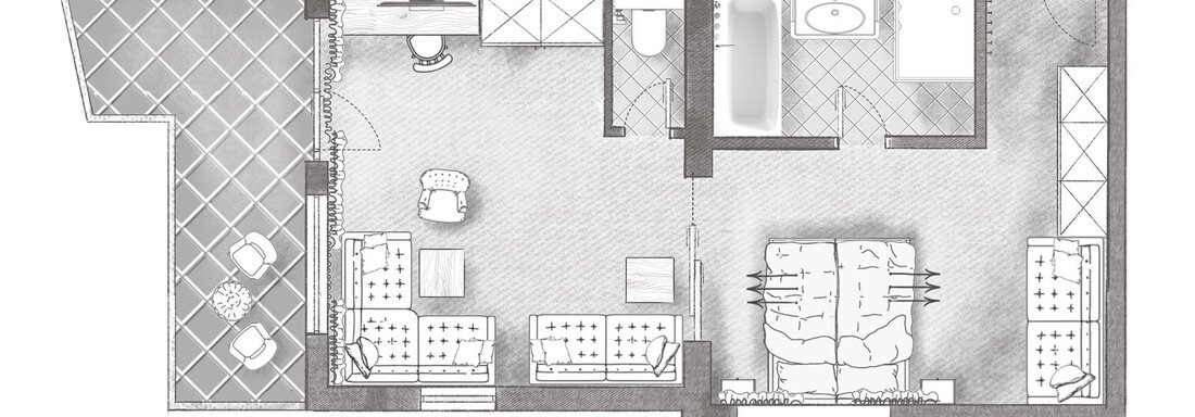 A floor plan of an apartment with different rooms. The plan shows a living room, a kitchen, and a bathroom. - Andre Arnold - Boutique Hotel - Sölden