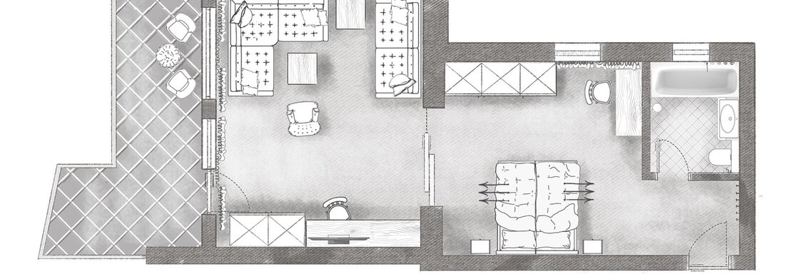 A schematic representation of an apartment with different rooms. The layout shows a bedroom, a bathroom, and a living area. - Andre Arnold - Boutique Hotel - Sölden