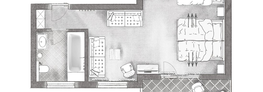 A clear floor plan of an apartment. It shows a bedroom, a living room, a bathroom, and a terrace. - Andre Arnold - Boutique Hotel - Sölden