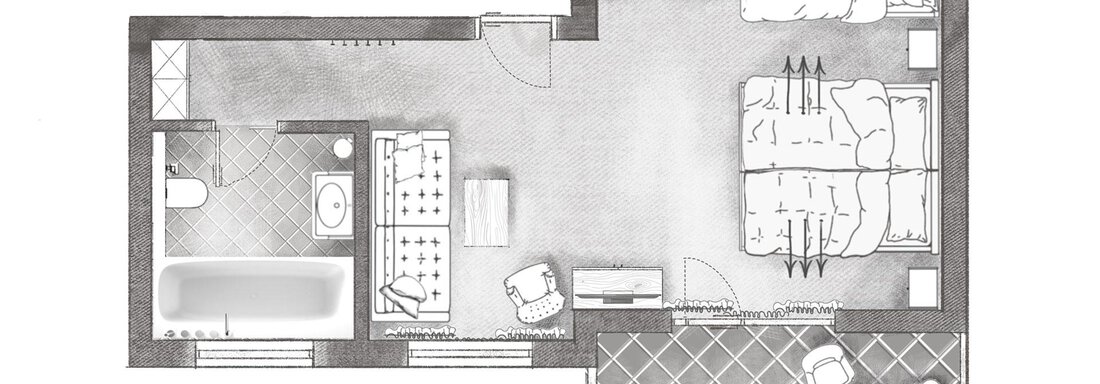 A floor plan of an apartment with two bedrooms, one bathroom, and a living area. The rooms are clearly arranged and designed in a neat manner. - Andre Arnold - Boutique Hotel - Sölden