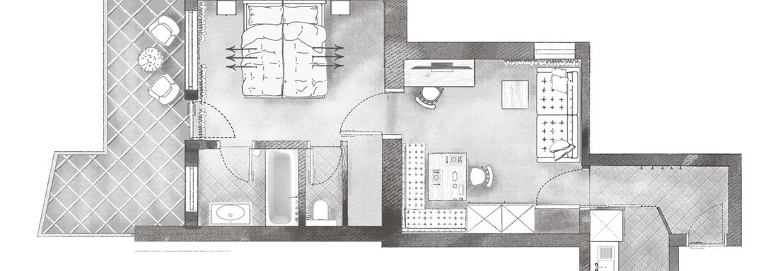 A floor plan of a modern apartment featuring a bedroom, bathroom, and living area. The layout clearly and precisely shows the different rooms. - Andre Arnold - Boutique Hotel - Sölden