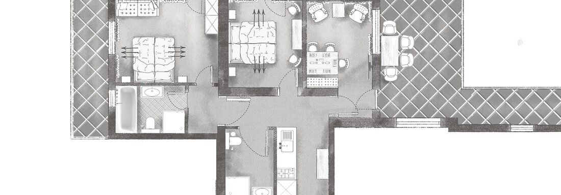 A floor plan drawing of an apartment with several rooms. The rooms are clearly arranged, including kitchen, living room, and bedroom. - Andre Arnold - Boutique Hotel - Sölden