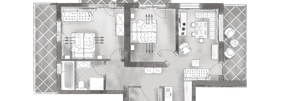 This is the floor plan of an apartment with several rooms. It shows the layout of bedrooms, living room, and kitchen. - Andre Arnold - Boutique Hotel - Sölden