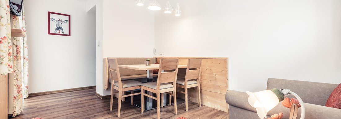 A bright and modern apartment with wooden flooring. The living area is furnished with a cozy sofa and a dining table. - Andre Arnold - Boutique Hotel - Sölden