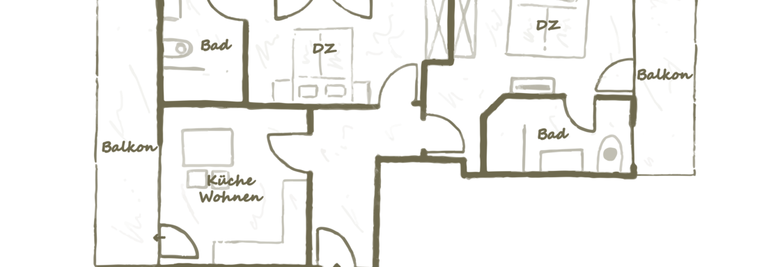 An artistic representation of a floor plan with various rooms. The drawing shows the arrangement of living areas, bedrooms, and bathrooms. - Anraitl Appartements Sölden - Sölden