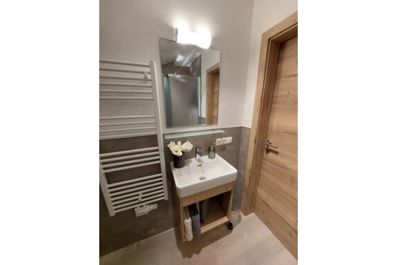 A modern bathroom with a sink and a mirror. On the wall, there is a towel holder and wood paneling. - Apart 77 - Sölden