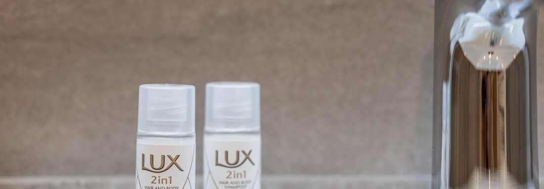 Two LUX 2in1 products are on a bathroom sink. In the background, a modern faucet can be seen. - Apart Hotel Garni Alt Kaisers - Sölden
