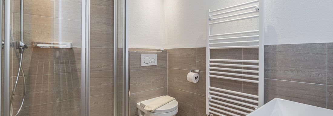A modern bathroom with a shower and toilet. The walls are painted in neutral colors and there is a towel warmer. - Apart Hotel Garni Alt Kaisers - Sölden