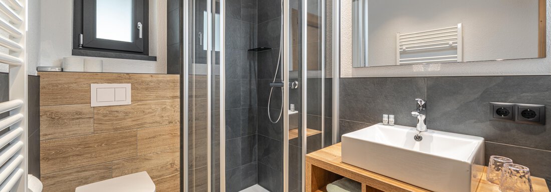A modern bathroom with a glass shower and an elegant vanity unit. The walls are painted in neutral colors, and wooden details create a warm atmosphere. - Apart Hotel Garni Alt Kaisers - Sölden