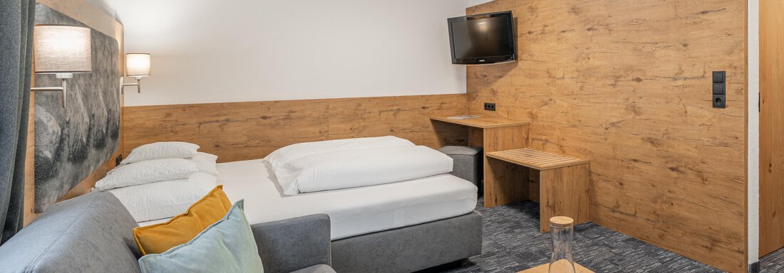 A modern hotel room with a box spring bed and a cozy sofa. The walls are in warm wood tones, and there is a small table as well as a television. - Apart Hotel Garni Alt Kaisers - Sölden