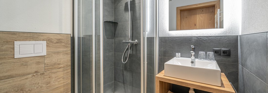 A modern bathroom with a shower and a sink. The walls are in neutral colors, and there are wood details. - Apart Hotel Garni Alt Kaisers - Sölden