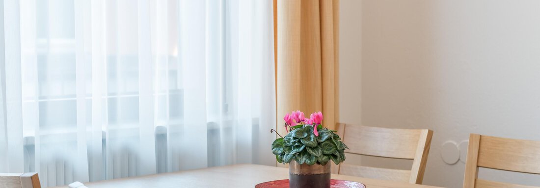 181023_123738-144 A bright room with a table and chairs. In the center, there is a pot with a blooming plant. - Apart Hotel Garni Wieser - Sölden