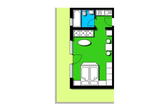 A simple floor plan drawing of an apartment. It shows a living area, a bathroom, and a kitchen, surrounded by green space. - Apart Hotel Garni Wieser - Sölden