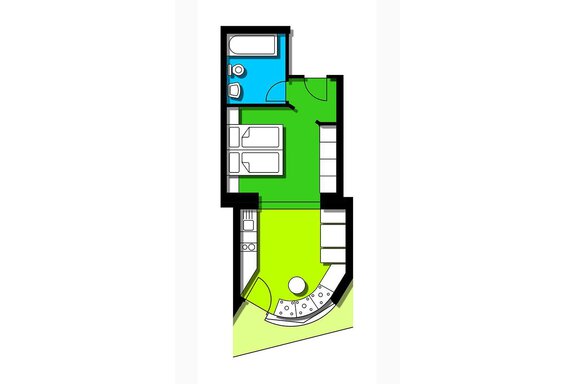 The image shows a floor plan of an apartment with different areas. The rooms are color-coded, including the bedroom, bathroom, and living area. - Apart Hotel Garni Wieser - Sölden