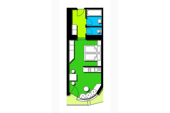 A floor plan of an apartment with two bathrooms, a living kitchen, and a living room. The space is colorfully highlighted with different areas. - Apart Hotel Garni Wieser - Sölden