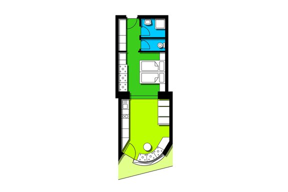 A floor plan drawing of an apartment with various rooms. The kitchen is marked in green, the bathroom in blue, and the bedrooms are also indicated. - Apart Hotel Garni Wieser - Sölden