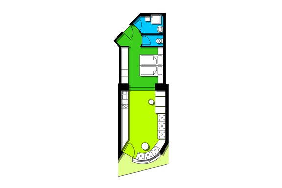 A simple floor plan of an apartment. The plan shows different areas such as bedrooms, bathrooms, and living rooms in different colors. - Apart Hotel Garni Wieser - Sölden