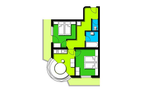 A floor plan of an apartment with two bedrooms, a bathroom, and a living area. The rooms are marked by green and blue areas. - Apart Hotel Garni Wieser - Sölden