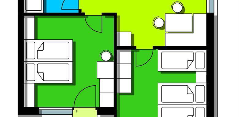 A floor plan drawing of an apartment with several rooms. The rooms are depicted in different colors and include a toilet, a kitchen, and a living area. - Apart Hotel Garni Wieser - Sölden