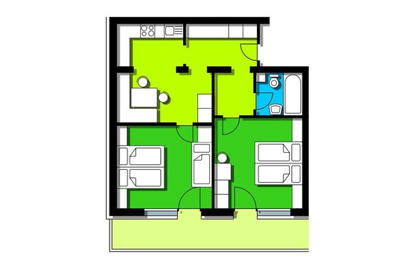 A simple apartment with two bedrooms, a living room, and a kitchen. The bathroom is located at the top right, while the entrance is visible at the bottom left. - Apart Hotel Garni Wieser - Sölden