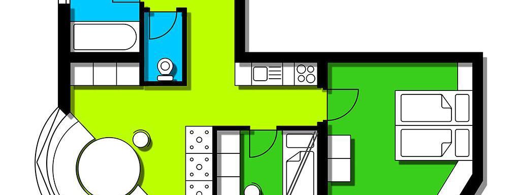 A simple floor plan drawing of a modern apartment. The rooms are color-coded and include a kitchen, a bathroom, and two bedrooms. - Apart Hotel Garni Wieser - Sölden