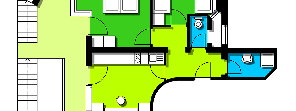 A floor plan of a living area with several rooms. The rooms are color-coded and show an open arrangement. - Apart Hotel Garni Wieser - Sölden