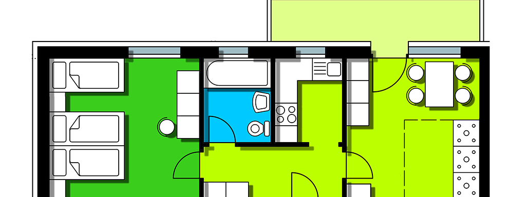 A floor plan of an apartment with two bedrooms, a bathroom, and an open living/dining area. The rooms are functionally arranged and provide space for a kitchen and a dining area. - Apart Hotel Garni Wieser - Sölden