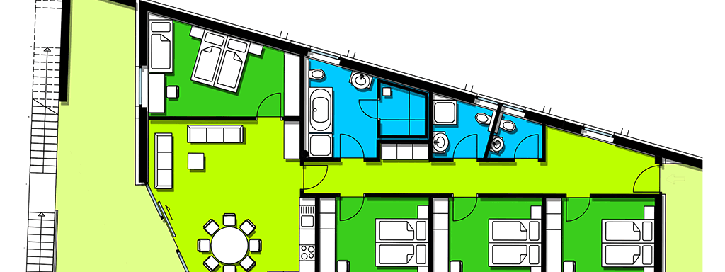 A floor plan of a house with several rooms. The layout shows living and sleeping areas as well as bathrooms. - Apart Hotel Garni Wieser - Sölden