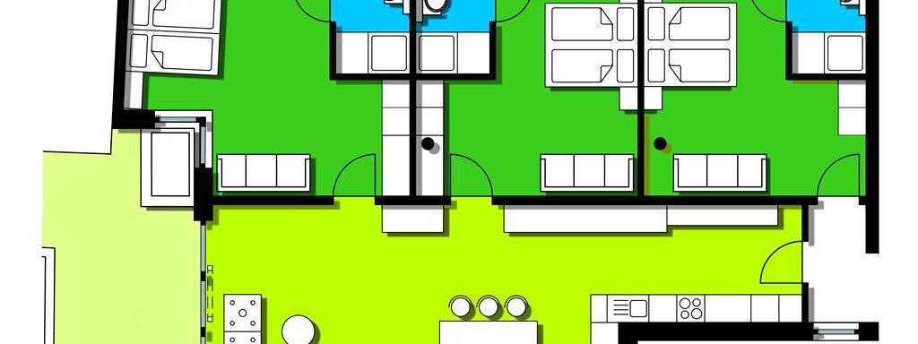A property floor plan shows a large apartment with three bedrooms and two bathrooms. The living area is light green, and the kitchen unit is centered below. - Apart Hotel Garni Wieser - Sölden