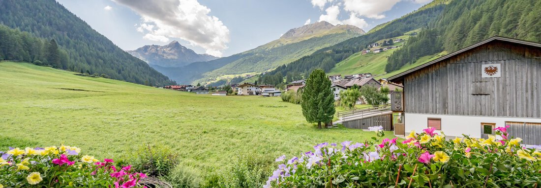 A picturesque mountain landscape with green meadows and high mountains. Colorful flowers adorn a balcony railing in the foreground. - Apart Wiesengrund - Sölden